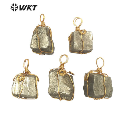 WT-P1767 Original Design Gold Plated Brass Wire Wrapped Pyrite Pendants Natural Stone Necklace Pendant Women Jewelry Making Gift