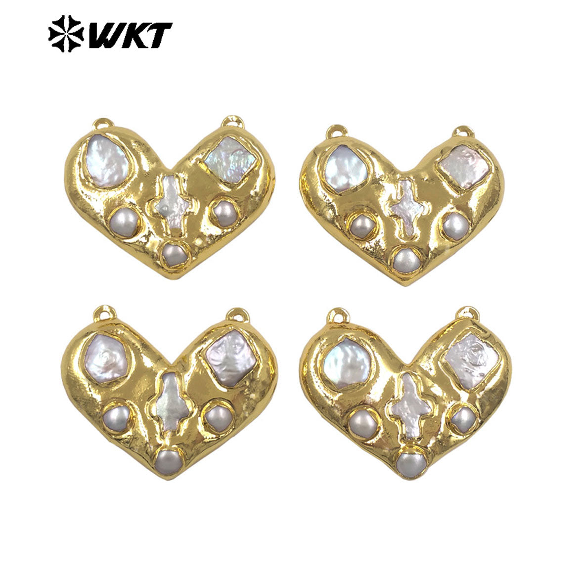 WT-PC019 Romantic Luxury Gold Plated Natural Freshwater Pearl Heart Connector With Double Hoops For Girls Necklace Making