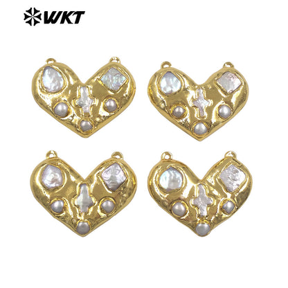 WT-PC019 Romantic Luxury Gold Plated Natural Freshwater Pearl Heart Connector With Double Hoops For Girls Necklace Making