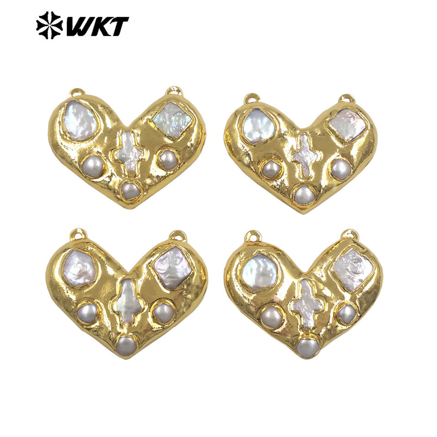WT-PC019 Romantic Luxury Gold Plated Natural Freshwater Pearl Heart Connector With Double Hoops For Girls Necklace Making