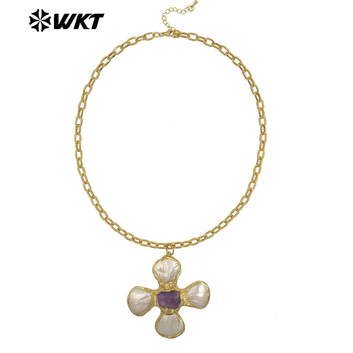 WT-JN346 Popular 18K Gold Plated Natural Turquoise Amethyst Stones And Shell Flower Shape Pendant Necklace As Party Jewelry