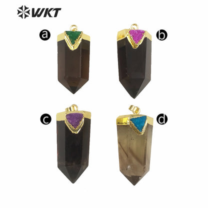 WT-P1609 WKT New Design Wholesale Natural Smoky Quartz Pendant Women Gold Hexagonal Quartz with Druzy Charm Pendant