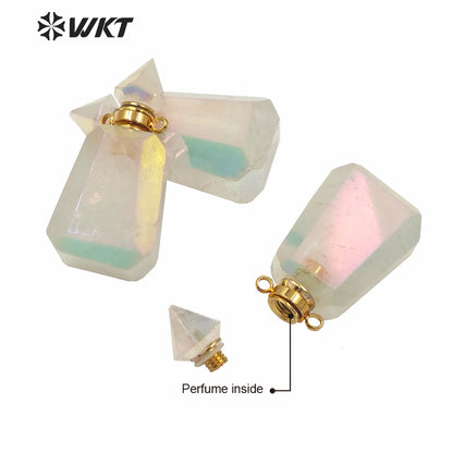 WT-P1616 WKT Newest Natural Crystal Quart Aura Angel Perfume Bottle Fashion Gold Exclusive Design Aura Spirit Bottle Pendant