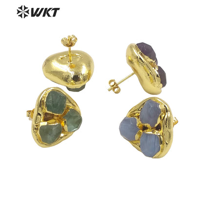 WT-E748 Newest WKT Exclusive Design Natural Triple Assemble Blue Agate Flower Shape Stone Studs America Hot Earrings