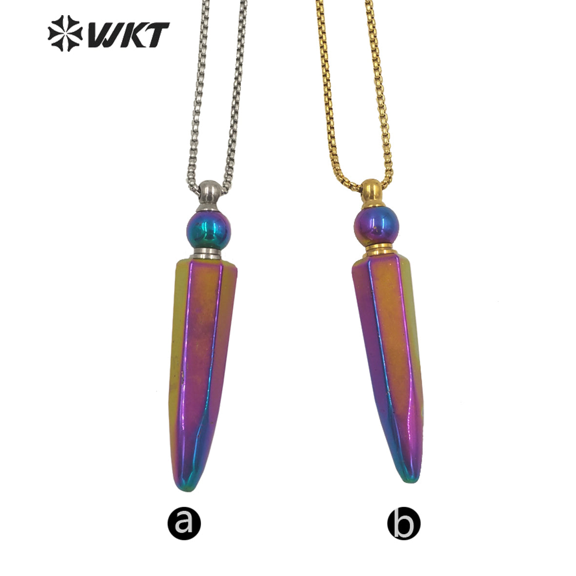 WT-N1281Wholesale Gold Titanium Electroplated Rainbow Blue Crystal Quartz Perfume Bottle Necklace for Essencial Oil