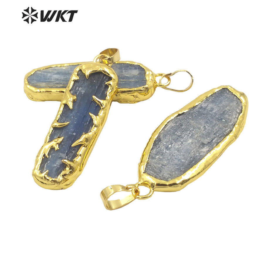 WT-P1961 Wholesale Fashion Gold Plated Boho Raw Stone Handmade Welding Unique Blue Kyanite Jewelry Pendants