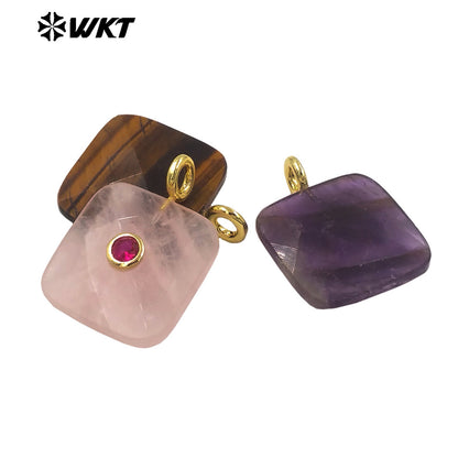 WT-P2089 Factory Wholesale Colorful Zircon And Natural Gemstone Square Gold Pendant For Handmade Jewelry Design Findings