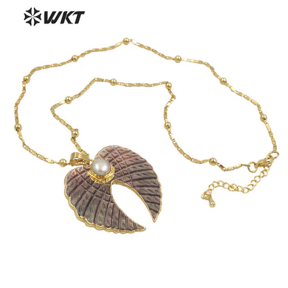 WT-JN167 Vintage Wing Shape Natural Shell Necklace Freshwater Pearl Angel Feather Pendant Jewelry Accessory Necklace