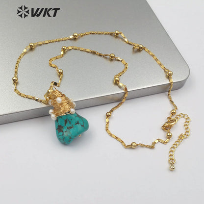 WT-N1153 Natural Turquoises Stone Necklace Howlite With Wire Wrapped Pendant White Beaded Charm Women Fashion Necklace Jewelry