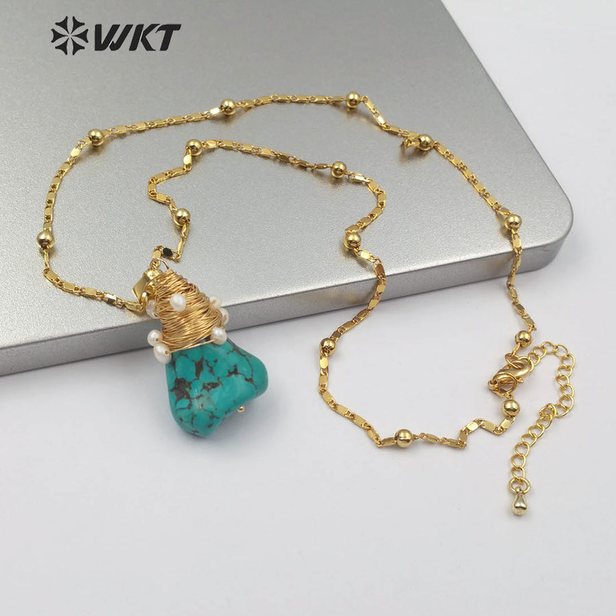 WT-N1153 Natural Turquoises Stone Necklace Howlite With Wire Wrapped Pendant White Beaded Charm Women Fashion Necklace Jewelry
