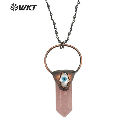 WT-N1391 Vintage Bohemian Hexagon Rose Quartz Stone Necklace Antique Copper Hematite Beads Chain Pendant Necklace