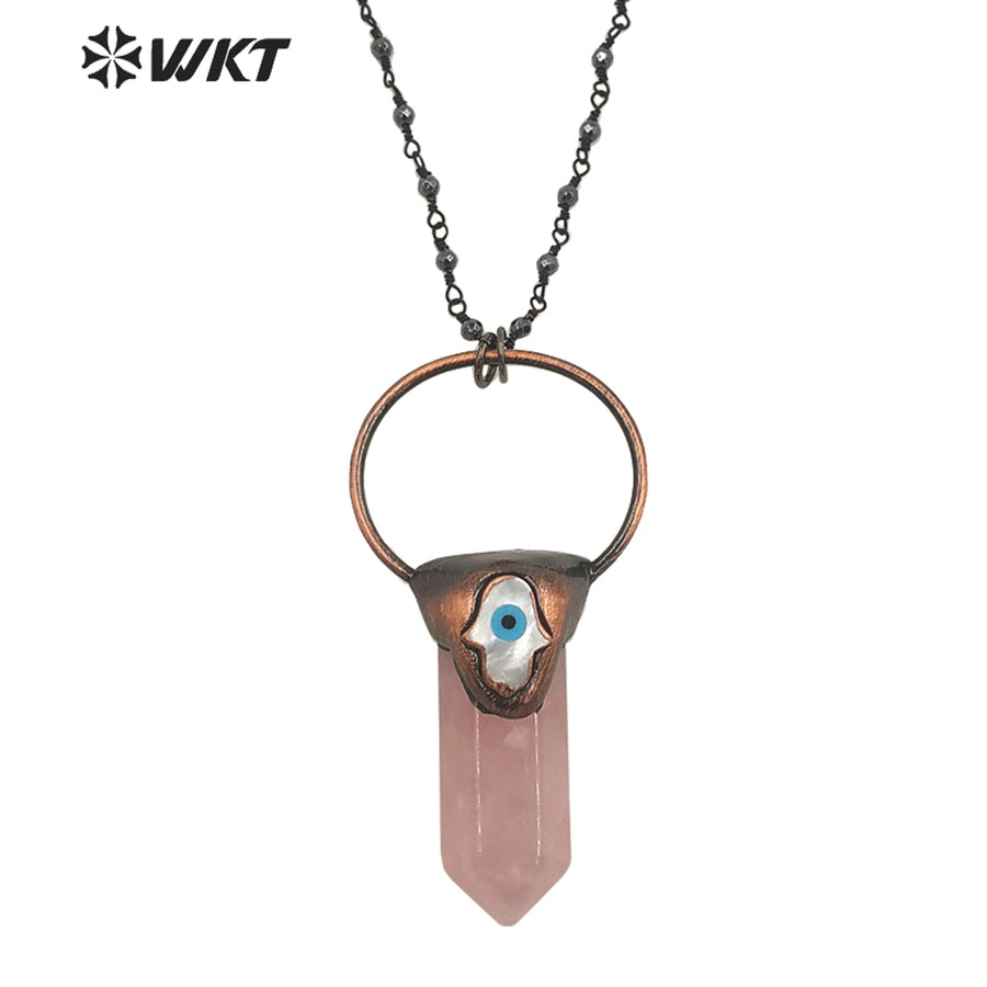 WT-N1391 Vintage Bohemian Hexagon Rose Quartz Stone Necklace Antique Copper Hematite Beads Chain Pendant Necklace