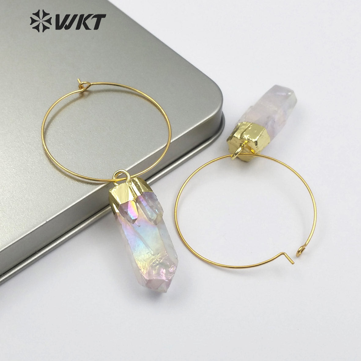WT-E493 Six Prism Quartz Pendant With Gold Capped Healing Colorful Crystal Earring Jewelry Aura Quartz Dangling Earring