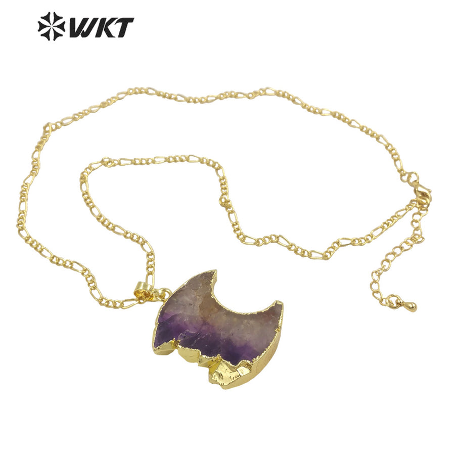 WT-N1316 Newest Fashion Gold Trim Half Moon Amethyst Stone Necklace Hot Slice Crescent Moon Pendant Necklace in Natural