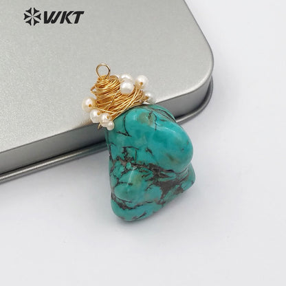 WT-P1444 Natural Stone Necklaces Pendant With Copper Wire Charm White Beads Embellishment Green Pendant Turquoise Pendant