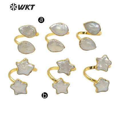 WT-MPR024 WKT2022 Special Natural Stone Star and Moon Shape Ring Natural Pearl Opening Adjustable Pearl Ring for Party Jewelry