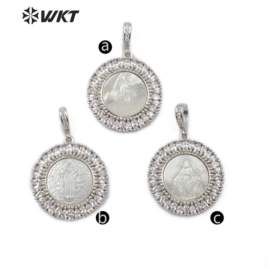 WT-MP116 Hot Sale Jewelry Fashion Accessories Virgin Mary Guadalupe Benedict Sliver Plated Round Shape Religious CZ Pave Pendant