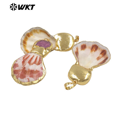 WT-JP507 New Arrival Gold Electroplated Natural Scallop Shell And Druzy Quartz Stone Splicing Pendant For Unique Jewelry DIY