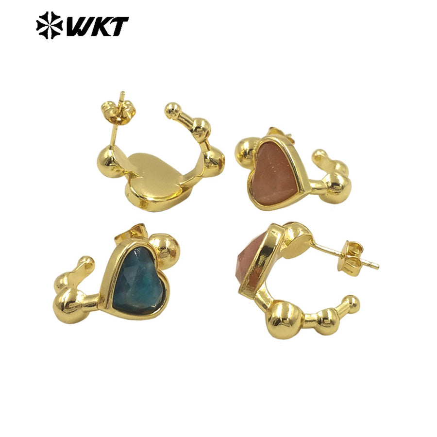 WT-E777 Wholesale New Design Lovely Lady Heart Gemstone Setting Crescent Horn Earring Studs