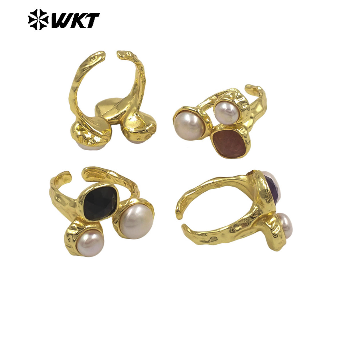 WT-MPR160 Wholesale Gold Electroplated Double Natural Freshwater Pearls And Stone Rings For Female Daily Decoration Jewelry