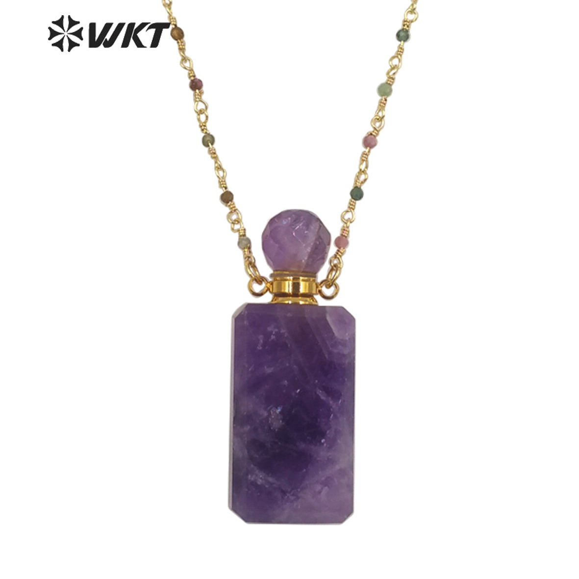 WT-N1276 Wholesale Natural Long square Stone Quart Perfume Bottle Necklace Colorful Tourmaline Beads Rosary Chain Perfume Bottle