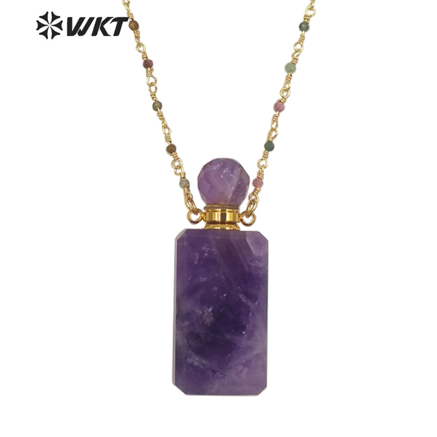 WT-N1276 Wholesale Natural Long square Stone Quart Perfume Bottle Necklace Colorful Tourmaline Beads Rosary Chain Perfume Bottle