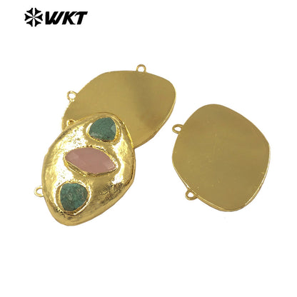 WT-C338 Wholesale Gold Electroplated Three Natural Gemstones Oval Charms Connectors With Double Hoops For Bracelets DIY Design