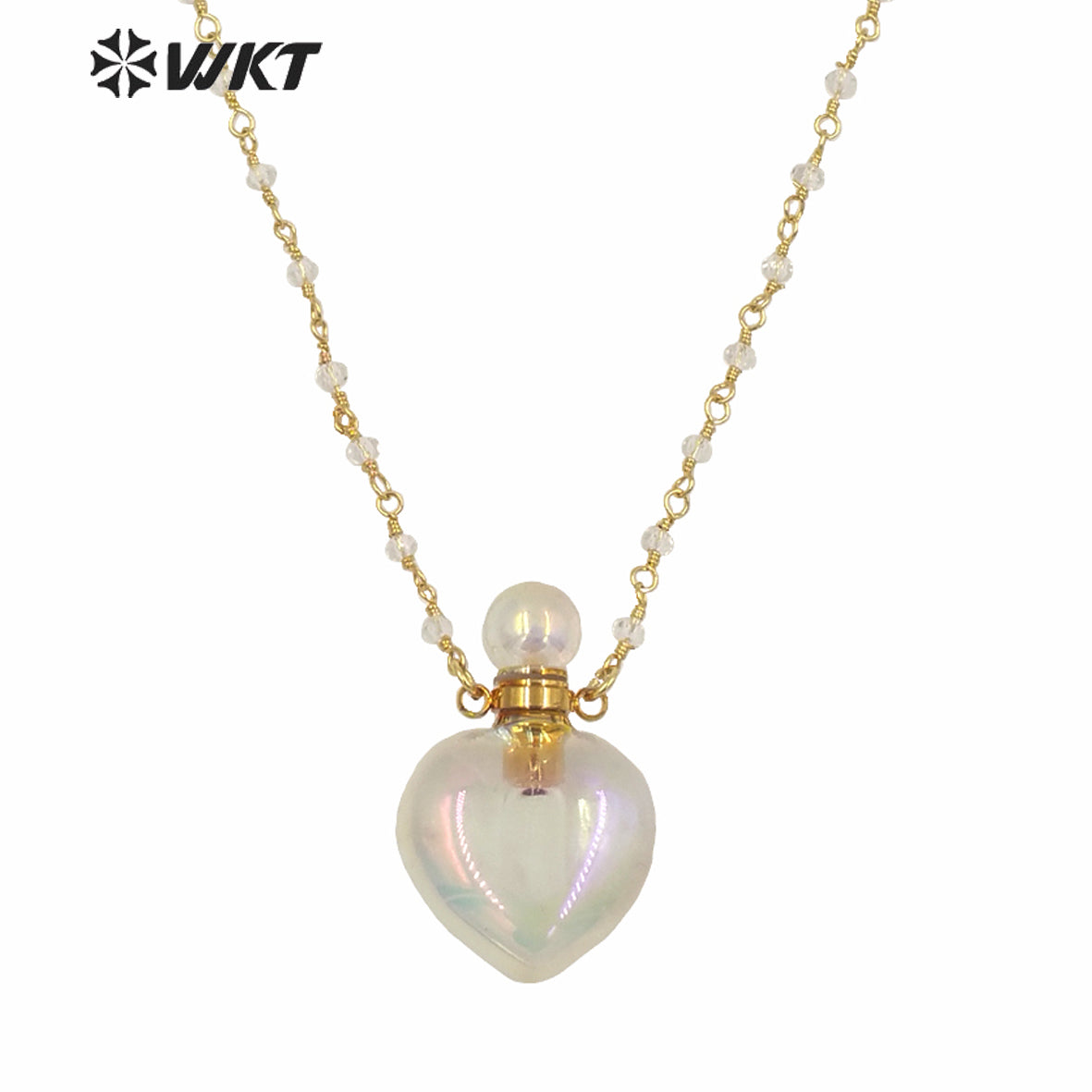 WT-N1237 WKT Amazing Aura Gold Electroplated Crystal Quartz Heart Shape Perfume Bottle Necklace Aura Stone Crystal Necklace