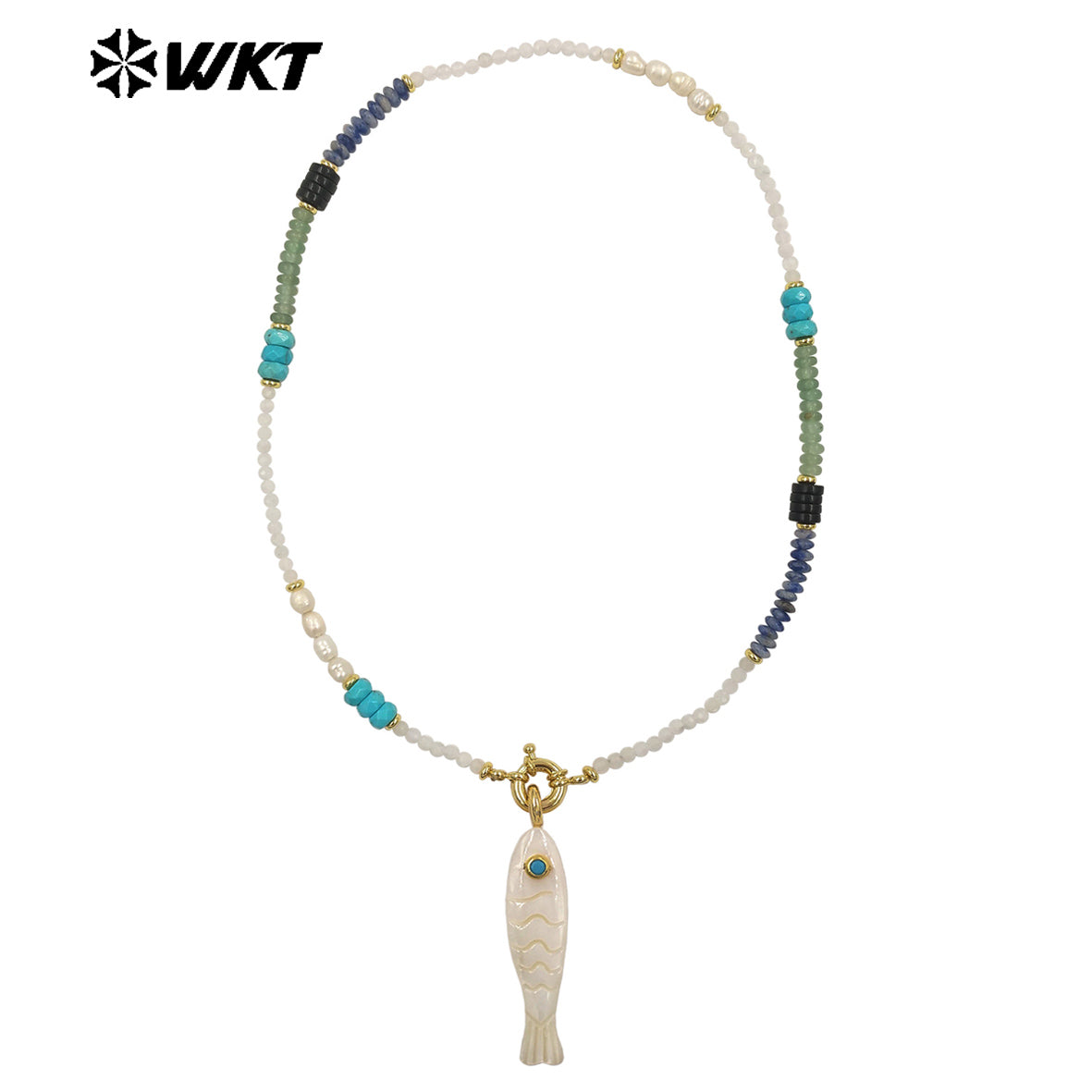 WT-JN405 Wonderful Natural Gemstone Beads Chain With White Shell Fish Charms Gold Necklaces For Women Party Trendy Matching
