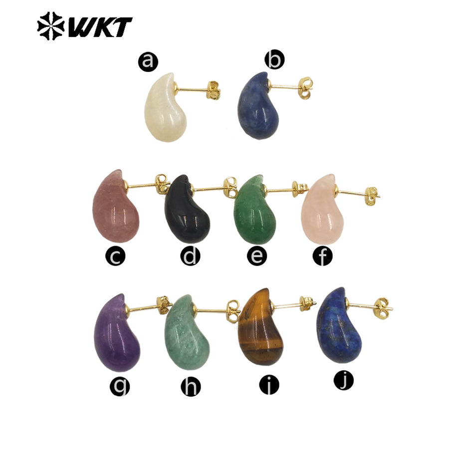WT-E779 Wholesale Lovely Drop Beans Shape Colorful Blackobsidian Pink Crystal Quartz Stone Earring Drop Studs