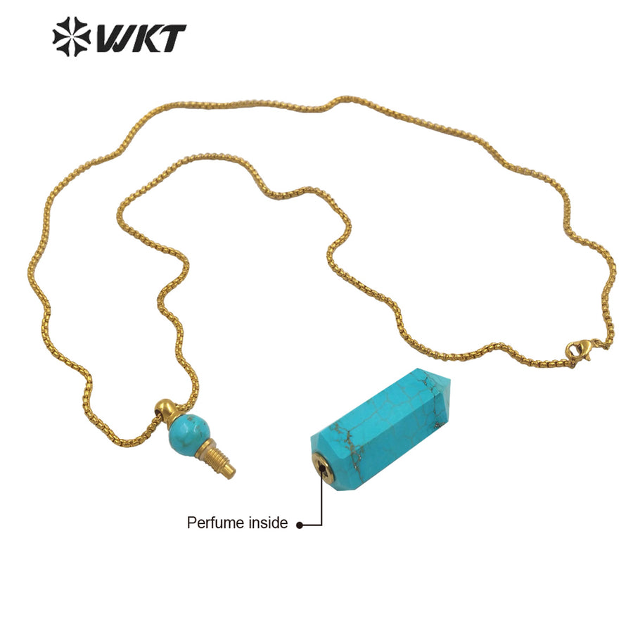 WT-N1271 Wholesale Popular Green Turquoise Perfume Bottle Necklace Precious Stone Made Energy Stone Bottle for Essential Oil