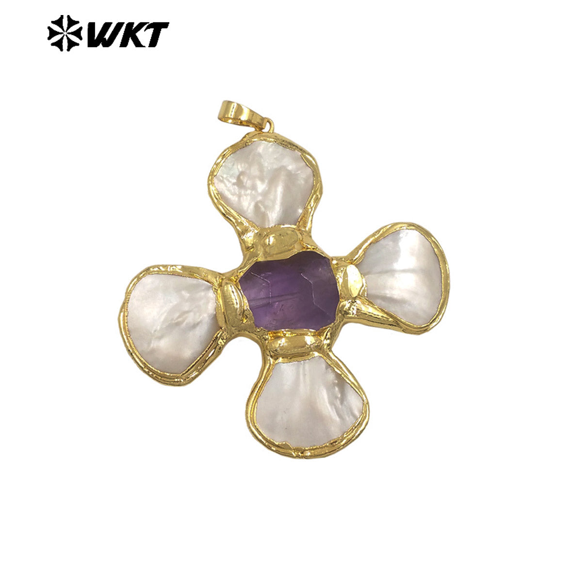 WT-JP425 Fashion Attractive Gold Plated Shell Middle With Natural Gemstones Flowers Shape Pendant For Jewelry Diy Making
