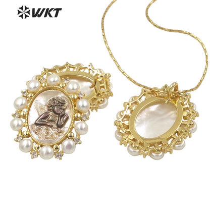 WT-JP278 New Gorgeous Fashion Gold Bezel Micro Pave CZ Setting White Pearl Angel Pendant Women Religious Christian Angel Shell