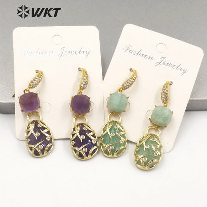 WT-E691 Fashion Double Stone Handmade Claw Setting Bezel Earrings Women Delicate Long Hoop Amethyst Stone Earrings