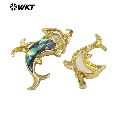 WT-JP512 Lovely Exquisite Gold Plated Natural White Shell And Abalone Dolphin Shape Tiny Pendants For Lady Earrings Making