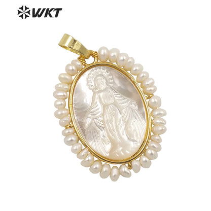 WT-JP253 WKT New Hot 18k Real Gold Bezel Handmade Pearl Wire Wrapped the Mother of Jesus Christ Virgen Marias Pendant in Shell