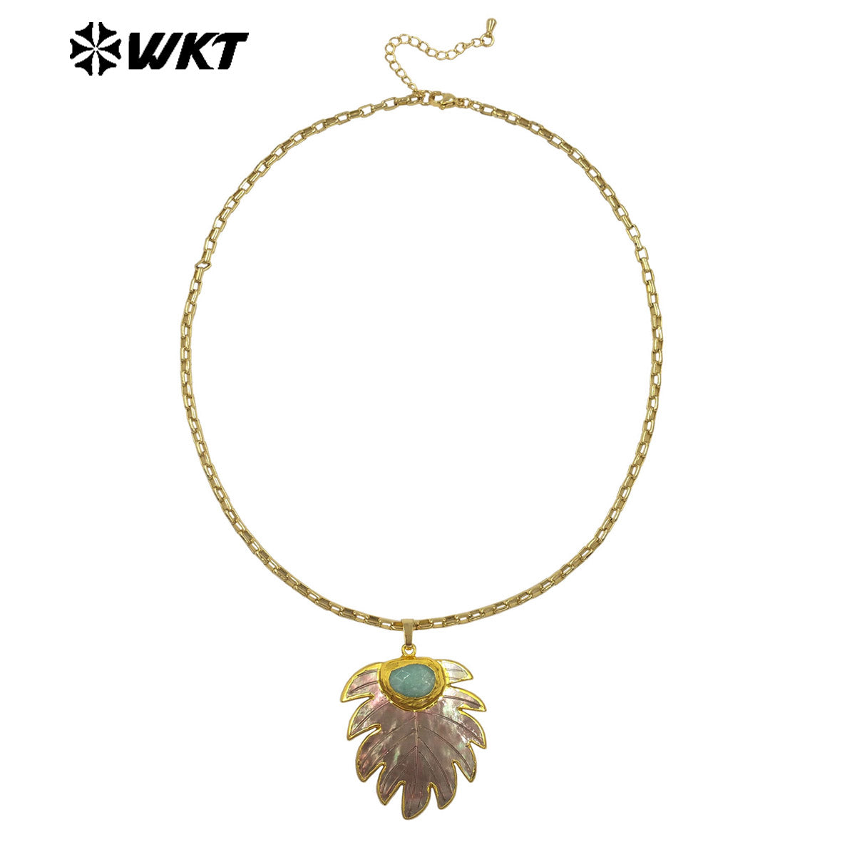 WT-JN377 Trendy 18K Gold Plated Natural Shell And Amazonite Stone Leaf Shape Necklace For Vintage Party Wearing Jewelry