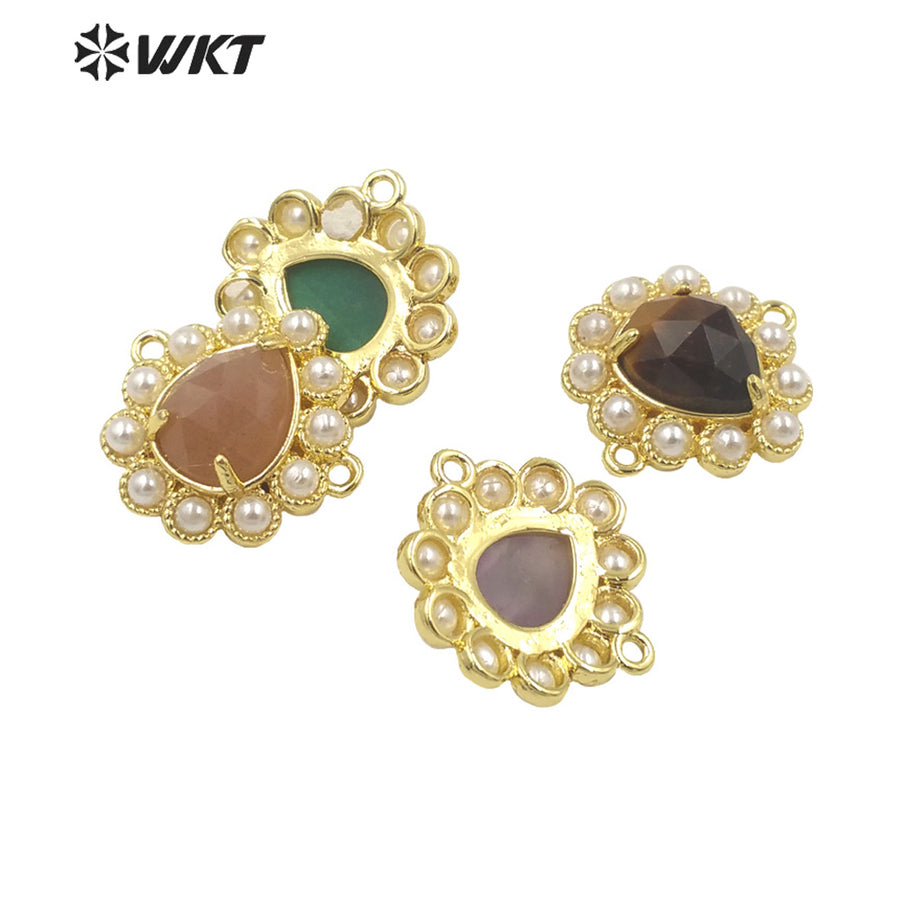 WT-PC008 Delicate Fashion 18K Real Gold Plated Resist Tarnishable Gemstone Carved Drop Pearl Connectors