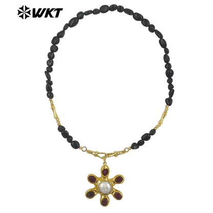 WT-JN379 Delicate Gold Plated Brass Splicing Beads Chain With Natural Stone And Pearl Flower Shape Pendants Necklaces As Gift