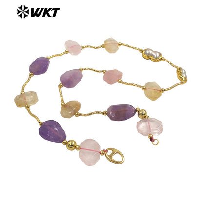 WT-N1492 Wonderful Design Lady Fashion Gorgeous Precious Natural Amethyst and Rose Quartz Cushion Stone Handmade Necklace