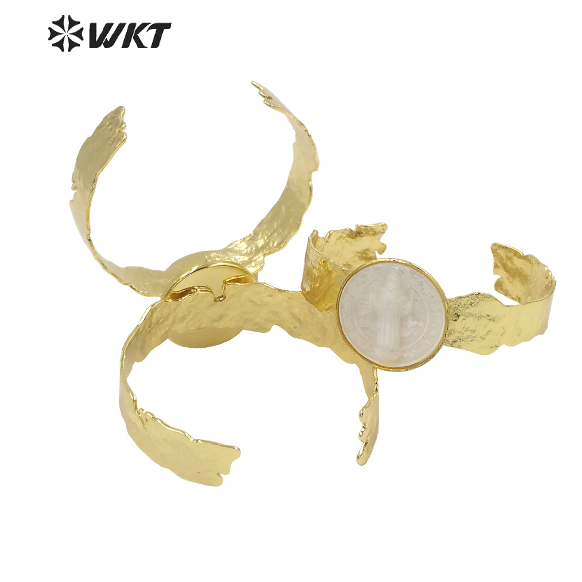 WT-MPB083 WKT New Religious Mother of Pearl St. Benedict Bangle Christian Virgin Mary Bangle Women Adjustable Shell Bangle