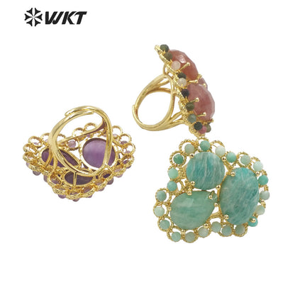 WT-R452 Newest Gold Bezel Natural Gemstone Cocktail Ring Big Exaggerated Luxury Gold Plated Women Triple Stone Ring