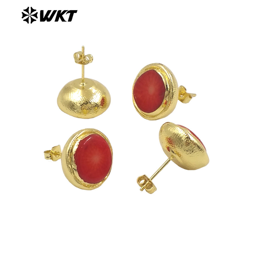 WT-MPE138 2024 Latest Models Cute Stylish 18K Gold Plated Natural Brass Red Coral Round Earrings for Women As Birthday Gifts