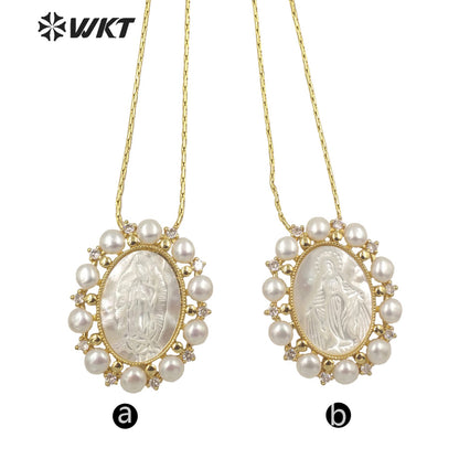 WT-JN164 WKT Wholesale Beautiful White Shell&pearl Nice Wedding Jewelry Necklace for Women Fashion Religious Mary Necklace