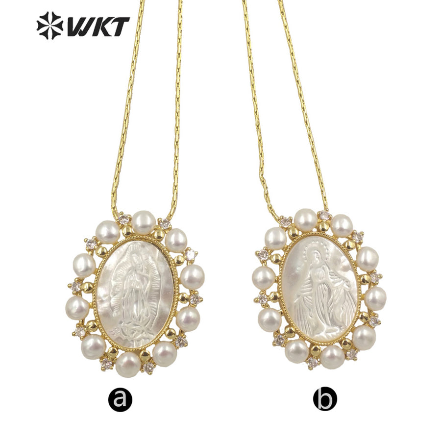 WT-JN164 WKT Wholesale Beautiful White Shell&pearl Nice Wedding Jewelry Necklace for Women Fashion Religious Mary Necklace