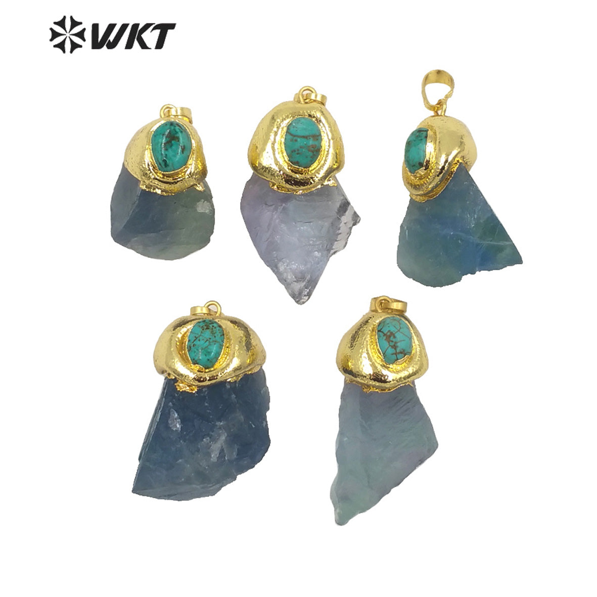 WT-P1654 Wholesale Gold Aqua rainbow Fluorite Stone Pendant With Turquoise Charm Vintage Boho Raw Stone Blue Fluorite Pendant
