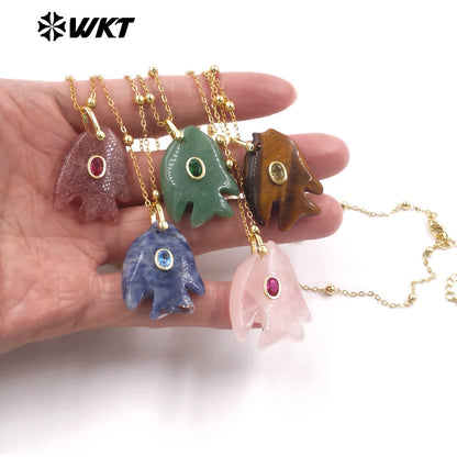 WT-N1511 Ocean Series Bead Chain And Zircon Setting In Natural Gemstones Fish Shape Pendant Necklace As Lady Trendy Matching