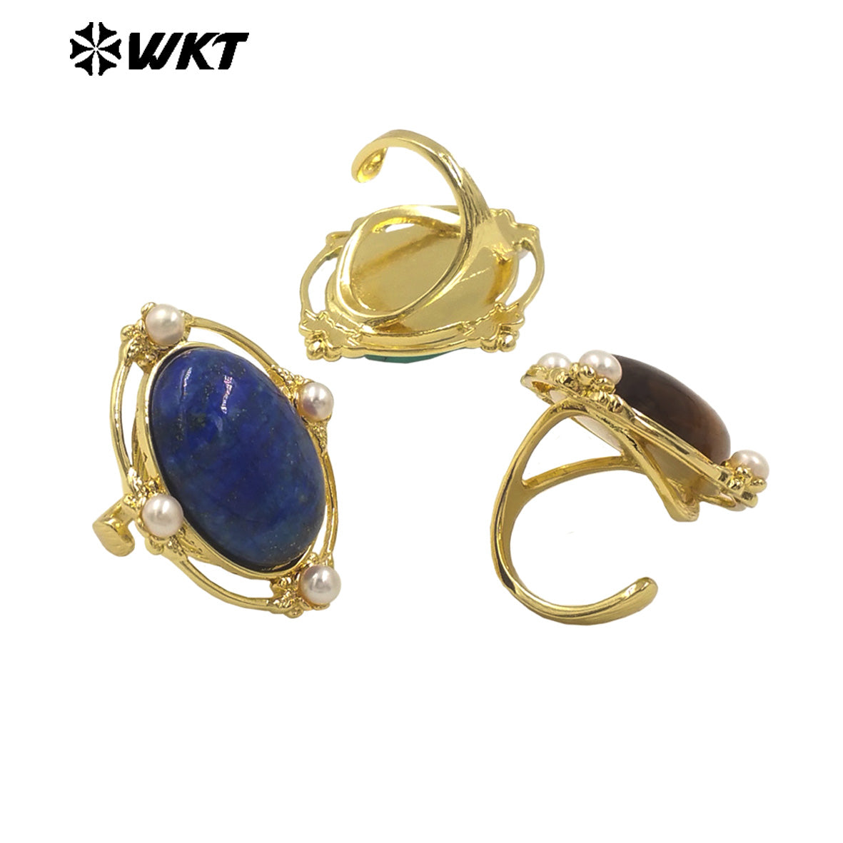 WT-R541 Wholesale Fashion Gold Plated Retro Natural Gemstone Lapis Amethyst Oval Stone With Pearl Beads Adjustable Women Ring