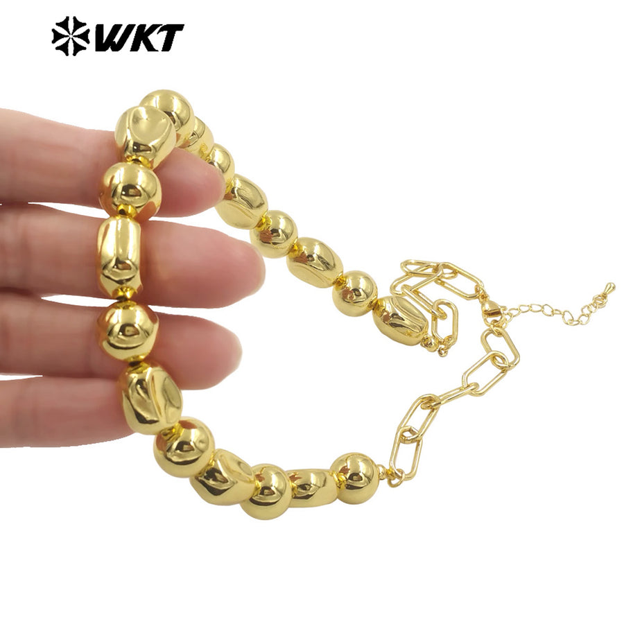 WT-JFN30 Wholesale Customization Simple 18K Gold Plated Natural Brass Round and Flat Bead Women Chain Necklace As Special Gift