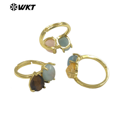 WT-R589 Classical Elegant Design Gold Electroplated Double Natural Gemstones Rings As Women Daily Matching Trendy Jewelry